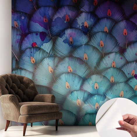 Papier peint autocollant adhésif avec motifs pour salon et chambre accessoire stylé pour votre intérieur Plumes colorées 250x250 cm (1/5)