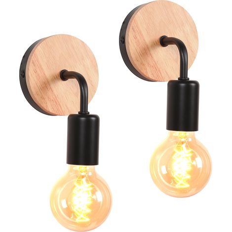 2PCS Retro Wall Lights Metal Iron Wood Vintage Wall Lights E27 Plate Wall Light For Living Room, Bedroom, Bathroom, Hallway Bar Hotel (Black,No Bulb) (1/5)