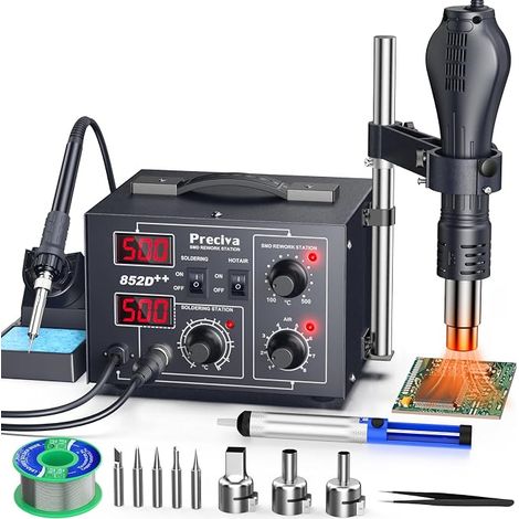 2-in-1 Hot Air Soldering Station, 852D Soldering Iron, 740W PID Dual Display, 100-500°C, Brushless Fan (120L/min), with Desoldering Gun Stand for SMD/BGA Repair (1/5)