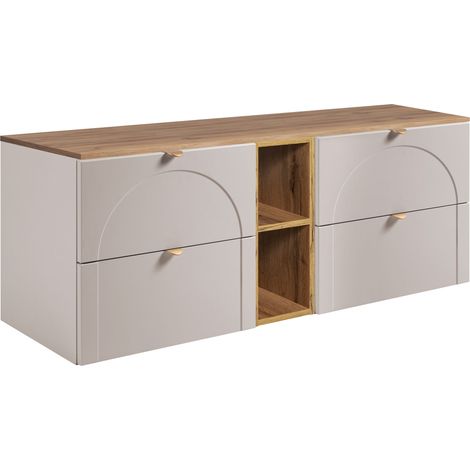 Meuble sous vasque suspendu AURA cachemire avec plan et étagère chêne craft 140 cm K (1/5)