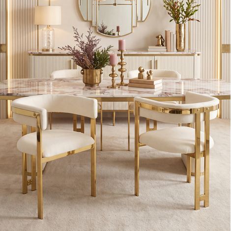 2 sillas de comedor en chenilla beige y oro, estilo moderno, patas de metal dorado (1/5)