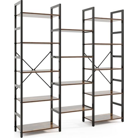 COSTWAY Industrial Bookshelf Triple Wide Heavy-duty Metal Frame Bookcases-Brown (1/5)