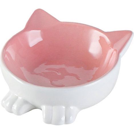 Gamelle inclinée pour chat en céramique, compatible micro-ondes et lave-vaisselle - Rose et blanc (1/5)