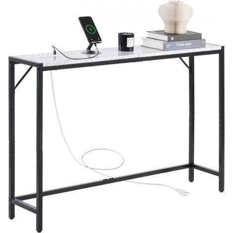 Consola de Mármol Estrecha y Larga con Toma de Corriente 110x23,9x74,2 cm Mesa Auxiliar de Sofá con Tubos de Hierro Dispositivo Antivuelco Soporta hasta 20 kg para Salón, Entrada, Recibidor (1/5)