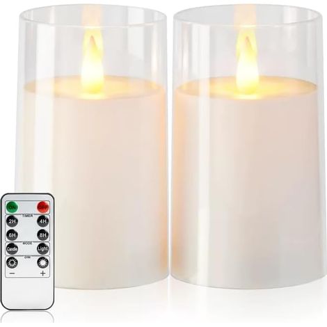 Bougies sans flamme blanches 3"×5", avec télécommande et minuterie, bougies LED acryliques factices à clignotement réaliste fonctionnant sur piles, pour décoration maison, mariage, fête, automne et No