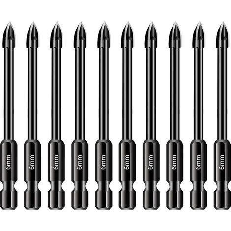 10 Glass and Tile Drill Bits - 1/4" Hex Shank - For Mirrors, Ceramics, Concrete, Brick - Multi-Purpose