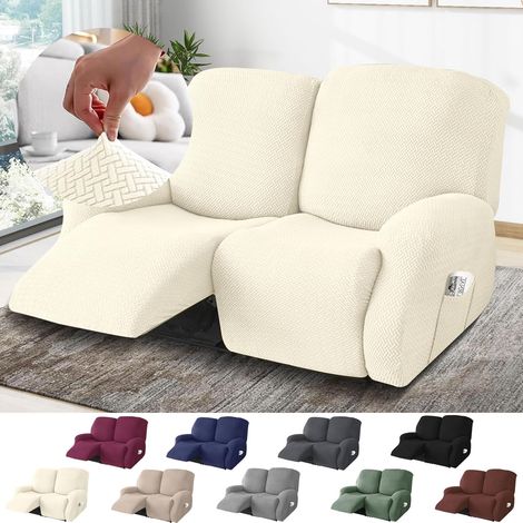 Relax 2 Seater Armchair Cover, Stretch Armchair Cover with Pockets, All-Inclusive Striped Jacquard Relax Sofa Cover, Armchair Protector for Recliner (Beige, 6 Pieces) (1/5)