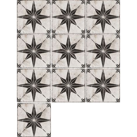 Lot de 20 stickers carrelage noirs et blancs, motif étoile classique à huit branches, autocollants pour carrelage de sol, idéal pour salle de bain, salon, buanderie, camping-car, cheminée, cuisinière, (1/5)