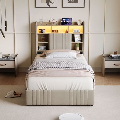 Cama simple - Capitonné 90x200 - Cabecera de lino beige - LED RGB integrado - Almacenamiento con cajones y estantes