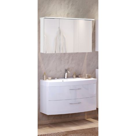 Waschtisch & Spiegelschrank Set FLORIDO-03 Hochglanz weiß, B x H x T: ca. 100 x 200 x 47 cm Waschtisch mit 2 Türen (1/5)