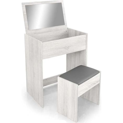 Elegante Schminktisch mit integriertem Spiegel und Hocker, 60 x 40 x 75 cm, in Weißholz