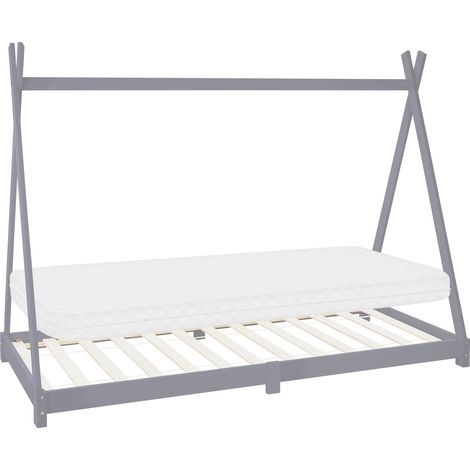 ML-Design Kinderbett Tipi 90x200 cm Hellgrau mit Matratze H:10cm, Lattenrost, Indianer Bett aus Kiefernholz, Mädchen/Jungen Hausbett, Bodenbett Kinderhaus Jugendbett Holzbett Bettenhaus Spielbett Zelt