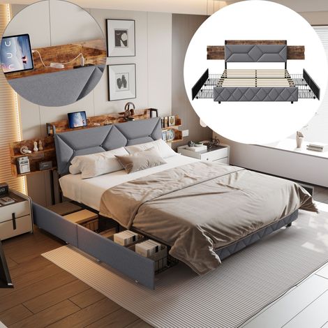 Lit avec tiroirs 140x200 cm, lit double ergonomique avec tête de lit avec espace de rangement et dossier incliné, sommier à lattes, structure en acier et bois, gris