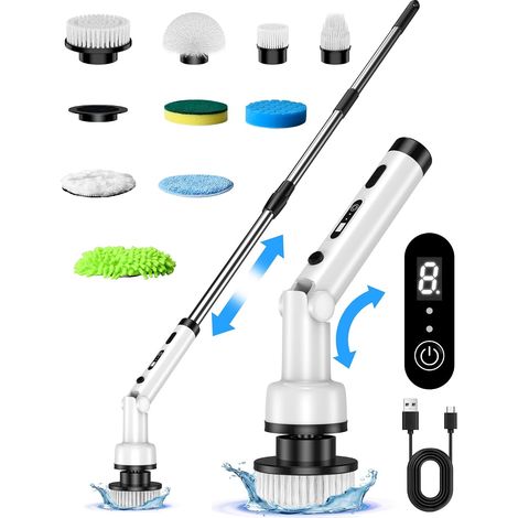 Brosse de Nettoyage électrique, 9 têtes de Brosse, Longueur et Angle réglables, Moteur Puissant 3 Vitesses, Brosse rotative sans Fil pour la Salle de Bain, la Cuisine, la Voiture (1/5)