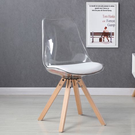 Designetsamaison – Chaise scandinave transparente en polycarbonate – Pieds en bois – Hauteur 81 cm – Assise 46 cm – Design moderne pour salon