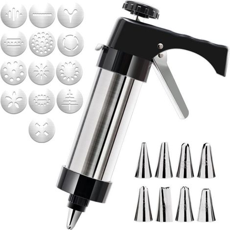 YMYNY Presse à pâtisserie, seringue à pâtisserie en acier inoxydable, kit de décoration, machine à glaçage, pour gâteaux, biscuits, bricolage, 13 pochoirs, 8 douilles (1/4)