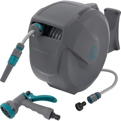 ECD Germany Avvolgitubo da 20 m+2 m Portagomma a Parete RollUp con Arresto di Sicurezza e 9 Funzioni di Spruzzo Orientabile a 180° Avvolgitore Automatico da Giardino per Montaggio a Muro