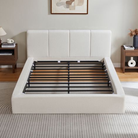 Estructura de cama de 140x200 cm con cabecero tapizado, armazón de acero reforzado, sin somier – fácil montaje, alta estabilidad, colchón no incluido. (1/4)