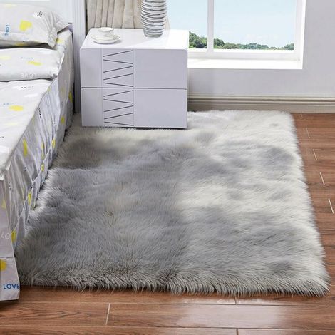Tapis Moelleux Ultra Doux En Peluche Longue Forme Rectangulaire Tapis En Laine En Fausse Peau De Mouton Pour Salon Chambre Balcon Tapis De Sol, S'Il Vous Plait Voir Le Tableau Des Tailles, Gri (1/5)