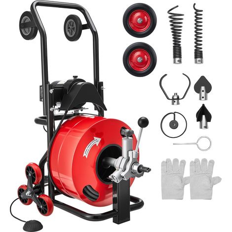 Furet Déboucheur Canalisation Électrique 30 m x 19 mm Furet Électrique Alimentation Automatique Machine Débouchage sur Roues pour Tuyaux 100-200 mm, 6 Coupeurs, Interrupteur au Pied Pneumatique (1/5)