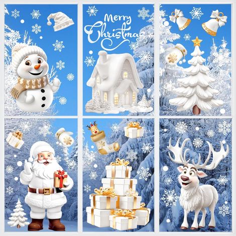 9 feuilles stickers Noël blancs : flocons, Père Noël, renne – adhésifs électrostatiques (1/4)
