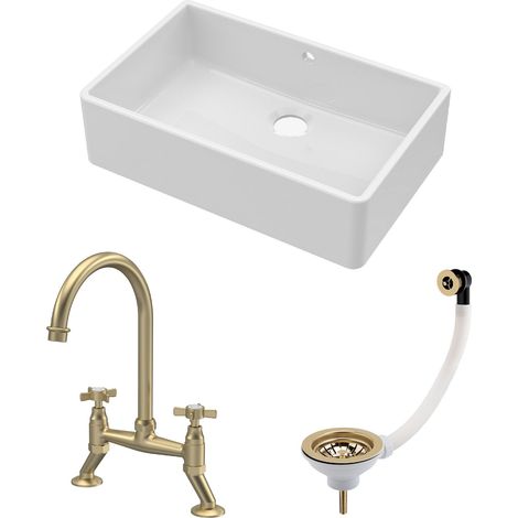 Fireclay Kitchen Bundle - 1 Bowl Butler Sink with Overflow, Waste & Bridge Mixer Tap - 795mm - Brushed Brass