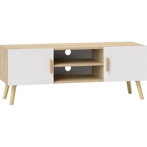 Meuble TV en bois chêne pour écran jusqu'à 50 pouces, avec étagères, 2 armoires et passe-câbles (1/5)