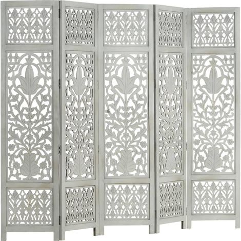 Paravent Cloison de séparation 5 panneaux - Séparateur de Jardin Gris 200x165 cm Bois manguier BV983239 - BonneVie (1/4)