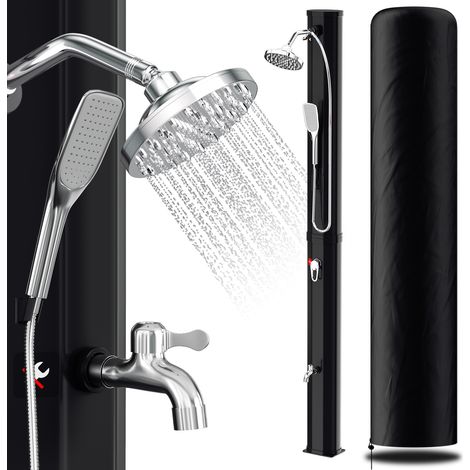 TolleTour Solardusche 35 Liter mit Standsäule in Schwarz – Komplettset inkl. Abdeckhaube, Handbrause & Drain Stop (Gartendusche, Pooldusche)