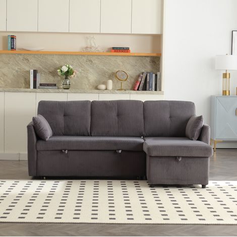 Sofá cama esquinero 206x108x66 cm de pana gris oscuro con almacenaje – MEUBLIV (1/5)