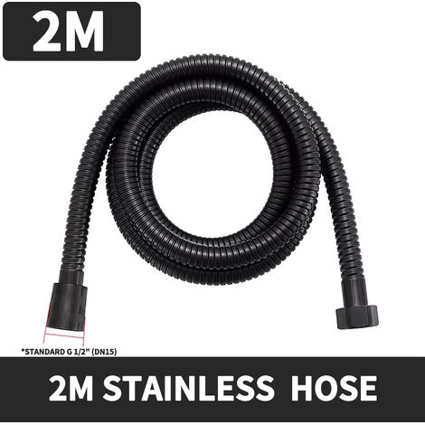 Flexible de douche noir (2 m) 1,5/2 m, acier inoxydable 304 avec tube intérieur en PVC renforcé, résistant aux hautes températures