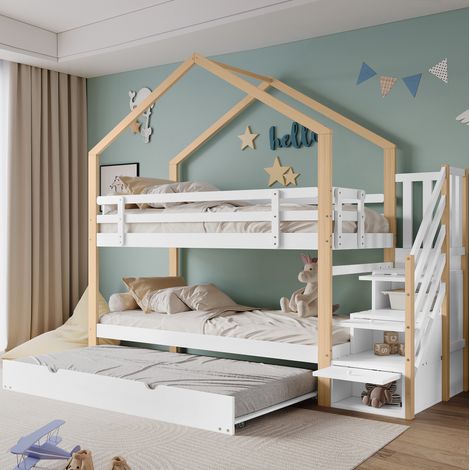 Letto a castello bambini 90x200 cm con letto aggiuntivo 90x190 cm, scala portaoggetti, sponda di sicurezza e rete a doghe, in legno massello, senza materasso, bianco (1/5)