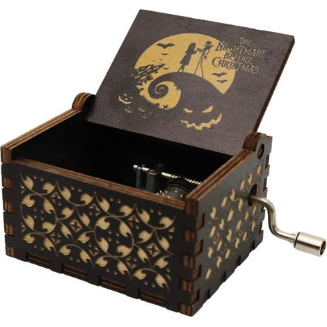 Boîtes mignonnes vintage à manivelle en bois gravées au laser Meilleurs cadeaux pour la Saint-Valentin/Action de grâces/Anniversaire/Noël (Halloween noir)