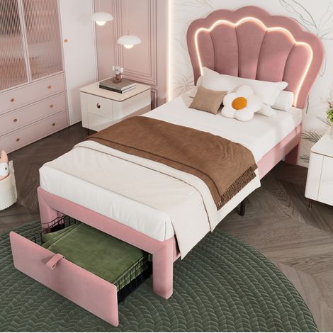 Bett 90x200 mit Stauraum LED Samt Rosa HAVRYA (1/5)