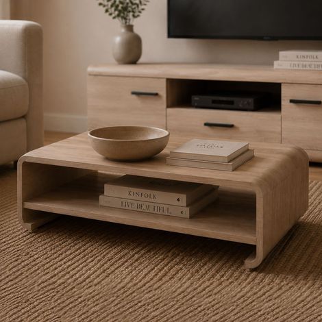 Tavolino da Salotto Kasamome, Angoli Arrotondati, un Vano, Forma Rettangolare, 120x60x40h cm Marrone Rovere (1/3)