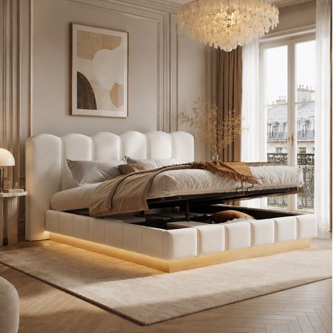 Lit coffre 180x200 cm avec rangement hydraulique et LED, tête de lit rembourrée, tissu bouclé blanc (1/5)
