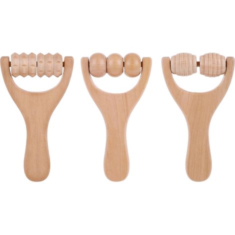 Set di 3 rulli massaggianti in legno (2 x 3), rullo massaggiante per fascia, rullo massaggiante piccolo con maniglia, per il rilassamento di schiena, gambe, mani e muscoli di tutto il corpo. (1/5)