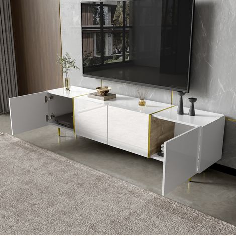 TV-Schrank 170x35x46 cm Weiß MDF in Hochglanz mit 4 Türen und Soft-Close-Schanieren (1/5)