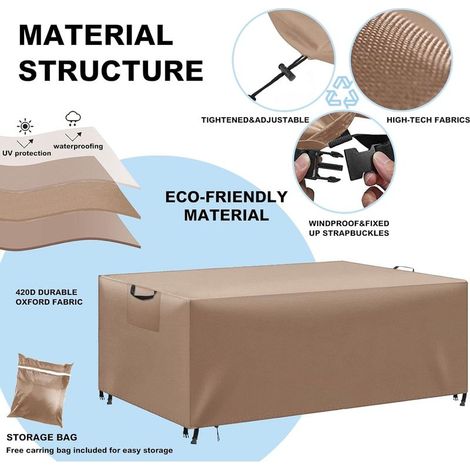 Gartentischabdeckung, Schutzhülle für Gartenmöbel, wasserdichte und UV-beständige Schutzhülle für Gartenmöbel, 420D Oxford-Gewebe, Khaki, 220 x 100 x 75 cm (1/5)