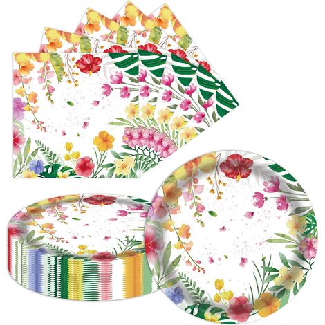Assiettes en Carton et Serviettes à Fleurs d'Hawaii, Lot de 20 Assiettes 7 Pouces + 20 Serviettes, Vaisselle Jetable à Motif Tropical, Décoration de Table pour Fête d'Été, Anniversaire et Pique-Nique (1/5)