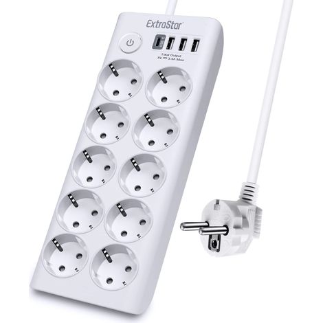 Multiprise 14 en 1 avec 10 prises et 3 ports USB, 1 USB-C, 1 interrupteur, avec protection de l'enfance, 1,5 m, pour maison et bureau, max 3680 W, 16 A, blanc (1/5)