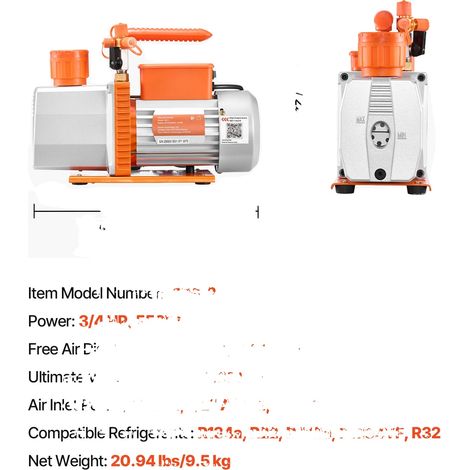Bomba de vacío, para usar con sistemas R134a, R22 y R410a, 7 CFM, 550 W, 2 etapas, EU-a (1/2)