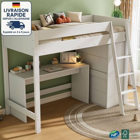 Lit mezzanine enfant 90x200 cm multifonctionnel avec bureau et armoire, bois et MDF, blanc (sans matelas) (1/5)