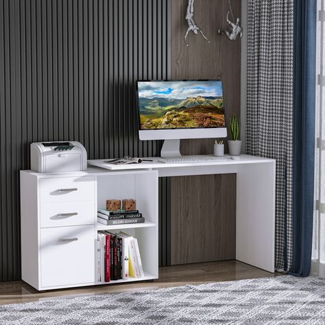 Scrivania Angolare per PC con 2 Cassetti e Ripiani Aperti, Scrivania ad Angolo Forma a L in Legno e Metallo, 117x83.5x76 cm, Bianco (1/5)