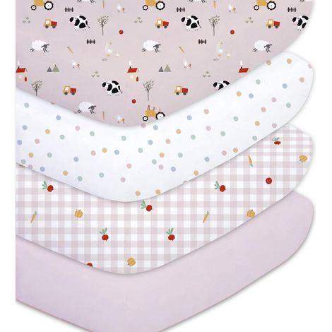 Set of 4 Baby Fitted Sheets 70 x 140 cm, Soft and Breathable Microfibre Polyester, Universal Sheets for Cot and Crib, Pink Ranch (1/5)