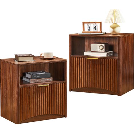 Table de Chevet Aspect Noyer à Façade à Cannelures Verticales, Compartiment Ouvert + Tiroir Coulissant Silencieux, Dim 58×38×60cm, Meuble de Rangement pour Chambre à Coucher