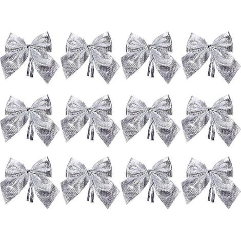 12 décorations de sapin de Noël en forme de nœuds papillon pailletés, pendentifs, ornements à suspendre pour les fêtes de fin d'année, décorations pour la maison et les fêtes (argenté)-Silver