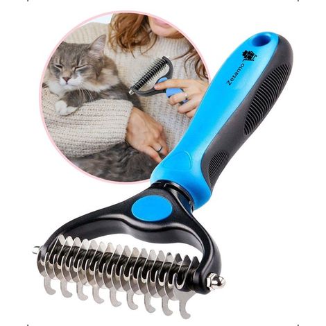 Peigne professionnel double face pour sous-poil de chien et chat – Brosse pour chien – Peigne pour chien – Brosse pour chat – Peigne démêlant – Démêle – Prévient la perte de poils – Bleu – Noir (1/5)