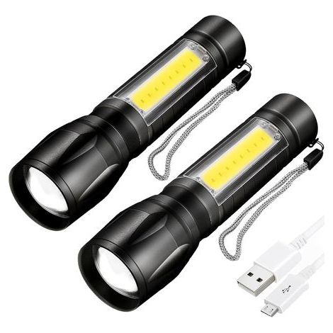 Lot de 2 lampes de poche LED rechargeables, super lumineuses, mise au point réglable, 3 modes d'éclairage, longue durée de vie, lampe de poche étanche pour urgence, camping, randonnée, (1/5)