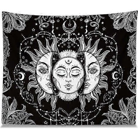 Tapisserie Soleil et Lune, Soleil Ardent avec Étoiles, Tapisserie Murale Mystique Populaire Psychédélique, Couverture de Plage Noire et Blanche (moyenne - 150 x 130 cm) 2025 (1/5)